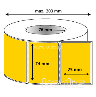 K2x074025 Rola etichete autocolante 74 x 25 mm dreptunghi D76 hartie ,galben, 5000 buc/rola (K2x074025)