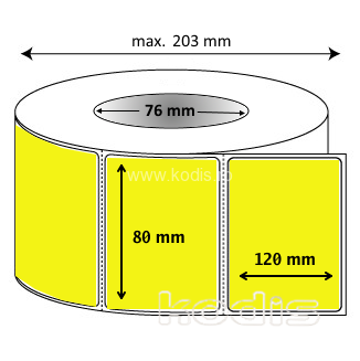 Rola etichete autocolante 80 x 120 mm dreptunghi D76 hartie ,galben fluorescent, 1200 buc/rola (62x080120)