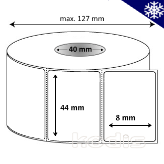 Rola etichete autocolante 44 x 8 mm dreptunghi D40 hartie termica TOP adeziv congelare ,alb mat, 3500 buc/rola (B1x044008)